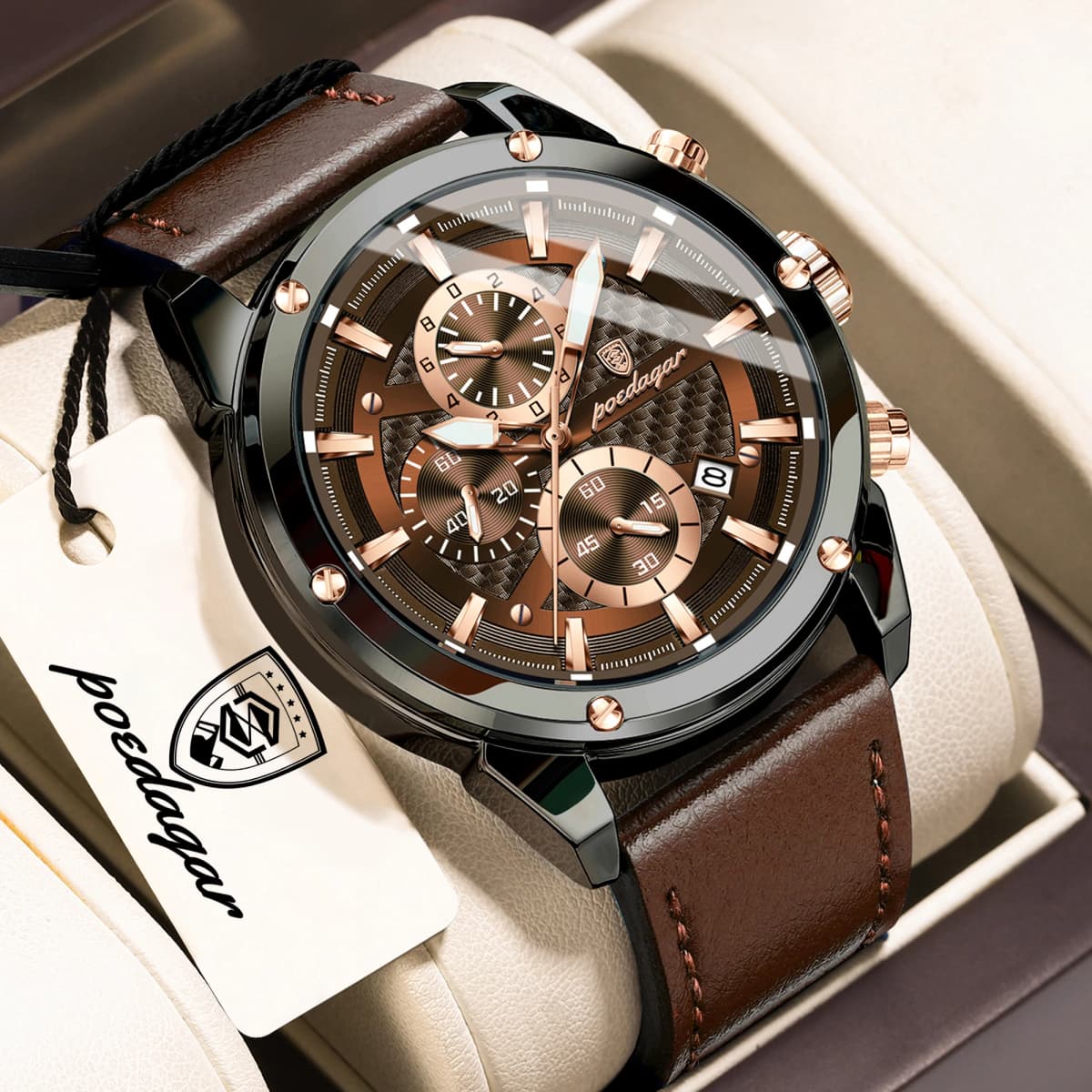 POEDAGAR High Quality Quartz Man Clock Waterproof Luminous Chronograph Date Men Wristwatch Leather Luxury Business Men's Watches