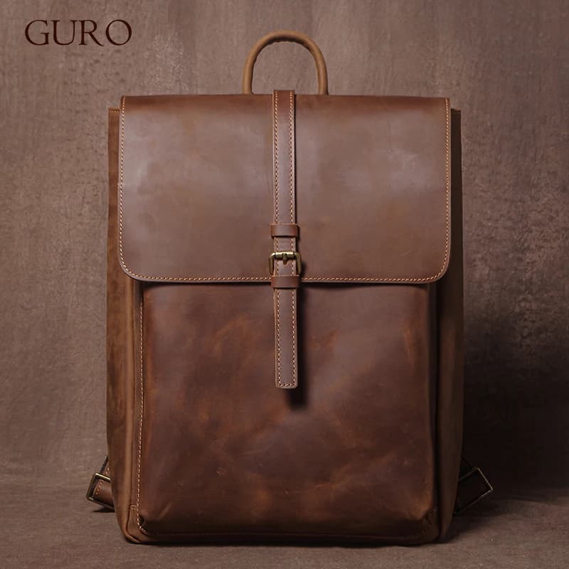 GURO Men's Retro Genuine Leather Backpack Simple Flap Travel Bag Women Natural Cowhide Deluxe Schoolbag Daily Commuter Backpacks