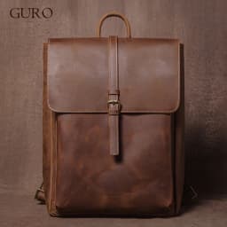 GURO Men's Retro Genuine Leather Backpack Simple Flap Travel Bag Women Natural Cowhide Deluxe Schoolbag Daily Commuter Backpacks