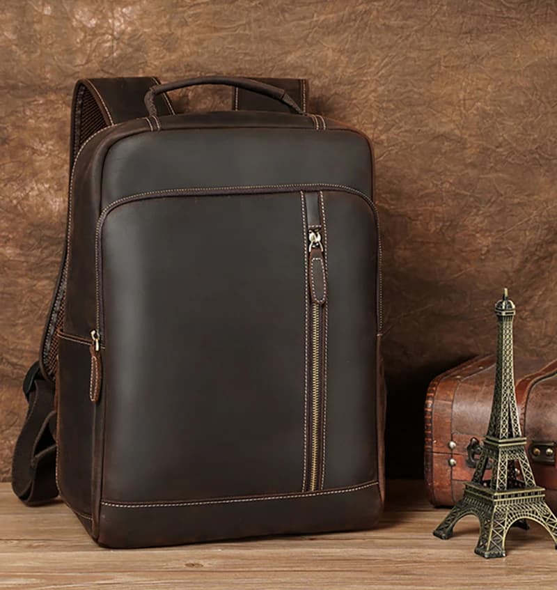 Men's Crazy Horse Leather Backpack 15.6" Laptop Cow Leather Daypack Large Capacity Male Travel Backpack With USB Cable