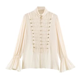 2026 Summer Women's Vintage Chinese Knotted Button UP Long Flare Sleeve Shirts Lady Elegant Loose Ruffles Stand Collar Blouses