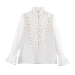 2026 Summer Women's Vintage Chinese Knotted Button UP Long Flare Sleeve Shirts Lady Elegant Loose Ruffles Stand Collar Blouses