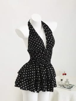 New Street Spicy Girl Digital Printed Design with Neck Hanging, Sleeveless Short, Thin Waist Cake Skirt
