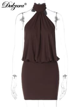Dulzura Summer Fashion Sexy Halter Sleeveless Lace Up Backless Bodycon Mini Dress Women'S Solid Elegant Party Club Street Outfit