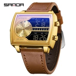 SANDA Top Luxury Men's Quartz Watch Fashion Square Watches Countdown Sports Waterproof Dual Display LED Men's Digital Wristwatch