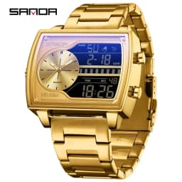 SANDA Top Luxury Men's Quartz Watch Fashion Square Watches Countdown Sports Waterproof Dual Display LED Men's Digital Wristwatch