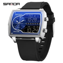 SANDA Top Luxury Men's Quartz Watch Fashion Square Watches Countdown Sports Waterproof Dual Display LED Men's Digital Wristwatch