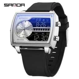 SANDA Top Luxury Men's Quartz Watch Fashion Square Watches Countdown Sports Waterproof Dual Display LED Men's Digital Wristwatch