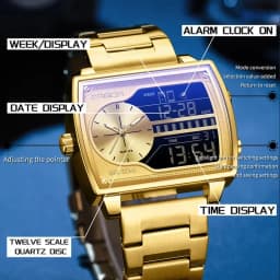 SANDA Top Luxury Men's Quartz Watch Fashion Square Watches Countdown Sports Waterproof Dual Display LED Men's Digital Wristwatch