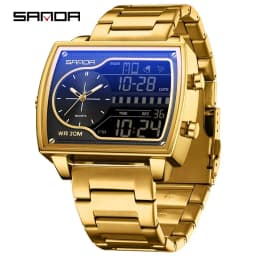 SANDA Top Luxury Men's Quartz Watch Fashion Square Watches Countdown Sports Waterproof Dual Display LED Men's Digital Wristwatch