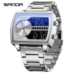 SANDA Top Luxury Men's Quartz Watch Fashion Square Watches Countdown Sports Waterproof Dual Display LED Men's Digital Wristwatch