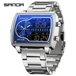 SANDA Top Luxury Men's Quartz Watch Fashion Square Watches Countdown Sports Waterproof Dual Display LED Men's Digital Wristwatch