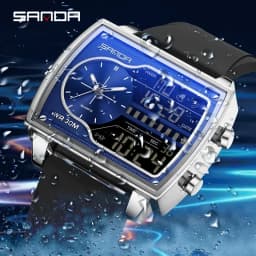SANDA Top Luxury Men's Quartz Watch Fashion Square Watches Countdown Sports Waterproof Dual Display LED Men's Digital Wristwatch