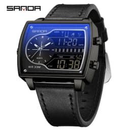 SANDA Top Luxury Men's Quartz Watch Fashion Square Watches Countdown Sports Waterproof Dual Display LED Men's Digital Wristwatch