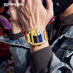 SANDA Top Luxury Men's Quartz Watch Fashion Square Watches Countdown Sports Waterproof Dual Display LED Men's Digital Wristwatch