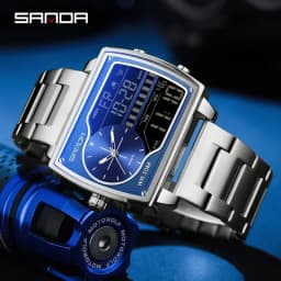 SANDA Top Luxury Men's Quartz Watch Fashion Square Watches Countdown Sports Waterproof Dual Display LED Men's Digital Wristwatch