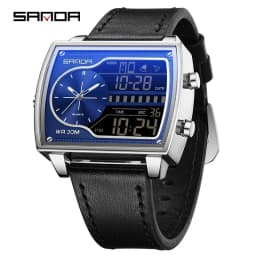 SANDA Top Luxury Men's Quartz Watch Fashion Square Watches Countdown Sports Waterproof Dual Display LED Men's Digital Wristwatch