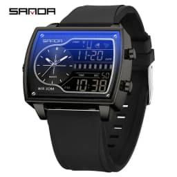 SANDA Top Luxury Men's Quartz Watch Fashion Square Watches Countdown Sports Waterproof Dual Display LED Men's Digital Wristwatch