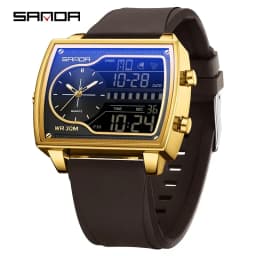 SANDA Top Luxury Men's Quartz Watch Fashion Square Watches Countdown Sports Waterproof Dual Display LED Men's Digital Wristwatch