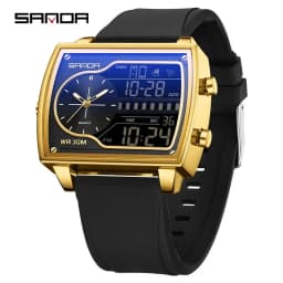 SANDA Top Luxury Men's Quartz Watch Fashion Square Watches Countdown Sports Waterproof Dual Display LED Men's Digital Wristwatch