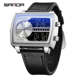 SANDA Top Luxury Men's Quartz Watch Fashion Square Watches Countdown Sports Waterproof Dual Display LED Men's Digital Wristwatch