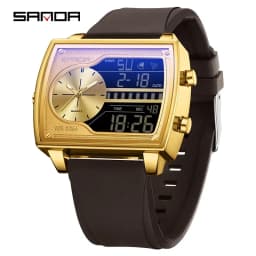 SANDA Top Luxury Men's Quartz Watch Fashion Square Watches Countdown Sports Waterproof Dual Display LED Men's Digital Wristwatch