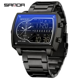 SANDA Top Luxury Men's Quartz Watch Fashion Square Watches Countdown Sports Waterproof Dual Display LED Men's Digital Wristwatch