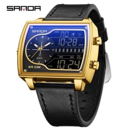 SANDA Top Luxury Men's Quartz Watch Fashion Square Watches Countdown Sports Waterproof Dual Display LED Men's Digital Wristwatch