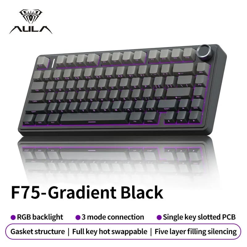 AULA F75 Gaming Mechanical Keyboard RGB Customized 75% Layout Side-engraving Gasket Mounted 80keys PBT Gradient Keycaps Keyboard