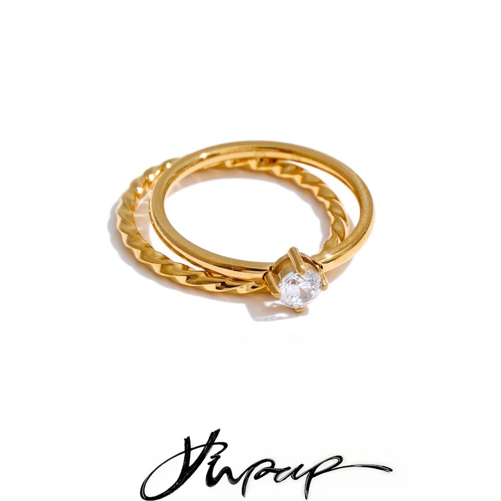Yhpup Size 6789 Wholesale Lots Double-Layer Stacking Zircon Finger Ring Daily Classic Style Stainless Steel Chic Women Jewelry