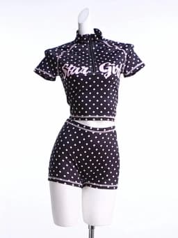 Kliou Polka Dot Print 2 Piece Set Woman Zip Turtleneck Short Sleeve Crop Tops+Skinny Shorts Street Sexy Fashion Style Outfits