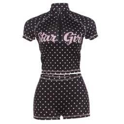 Kliou Polka Dot Print 2 Piece Set Woman Zip Turtleneck Short Sleeve Crop Tops+Skinny Shorts Street Sexy Fashion Style Outfits