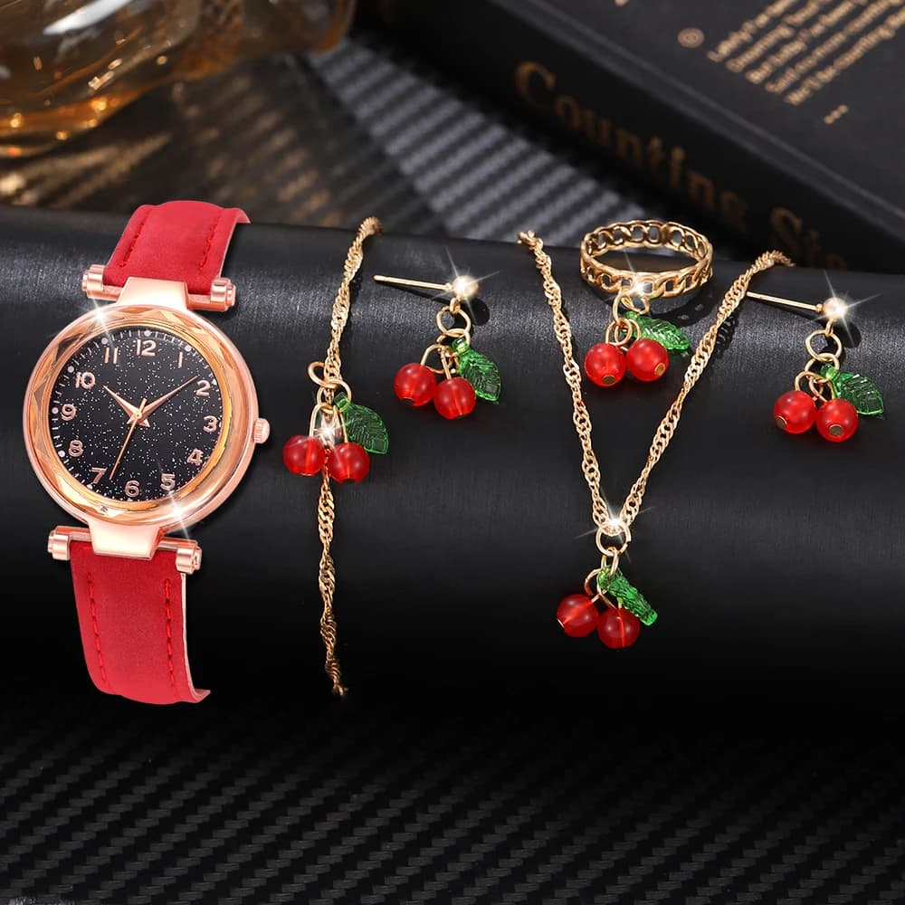 5/6 PCS/Set Red Women's Watch With Minimalist Elements Dial Quartz Watch Latex Strap Cherry Elements Jewelry Set Girl's Gift