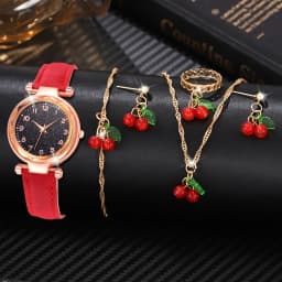 5/6 PCS/Set Red Women's Watch With Minimalist Elements Dial Quartz Watch Latex Strap Cherry Elements Jewelry Set Girl's Gift