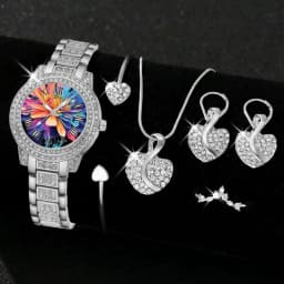 Women's Quartz Watch Gold Luxury Women Ring Necklace Earring Rhinestone Fashion Wristwatch Casual Ladies Watches Jewelry Set 