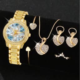 Women's Quartz Watch Gold Luxury Women Ring Necklace Earring Rhinestone Fashion Wristwatch Casual Ladies Watches Jewelry Set 
