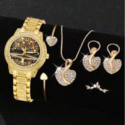 Women's Quartz Watch Gold Luxury Women Ring Necklace Earring Rhinestone Fashion Wristwatch Casual Ladies Watches Jewelry Set 