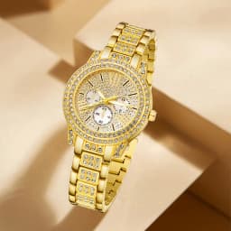 Women's Quartz Watch Gold Luxury Women Ring Necklace Earring Rhinestone Fashion Wristwatch Casual Ladies Watches Jewelry Set 