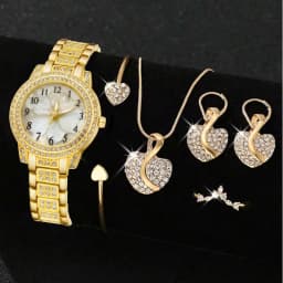 Women's Quartz Watch Gold Luxury Women Ring Necklace Earring Rhinestone Fashion Wristwatch Casual Ladies Watches Jewelry Set 