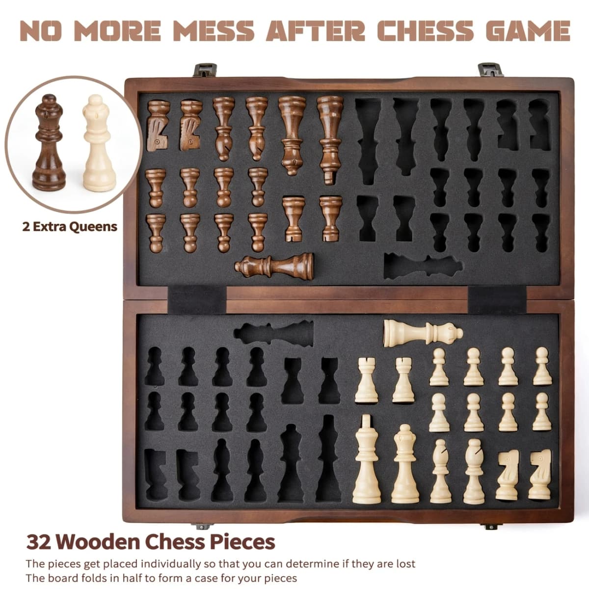 Magnetic Wooden Chess Set 39.37cm/15.5inch with 2 Additional queens, Folding Portable Travel Board, Suitable for Tournament