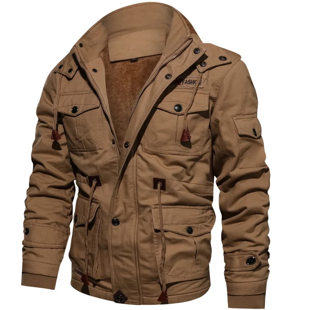 Men's Winter Casual Thick Hooded Zipper Cargo Jacket Male Multi Pockets Fleece-lined Windproof Military Jackets Outdoors Coats