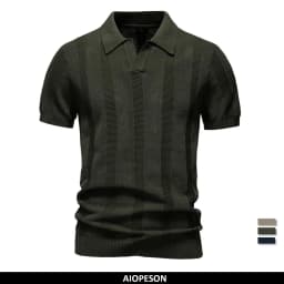 AIOPESON 2025 Men's Solid & Striped Mesh Polo Shirt - Breathable Knit Casual Top with Turn-Down Collar