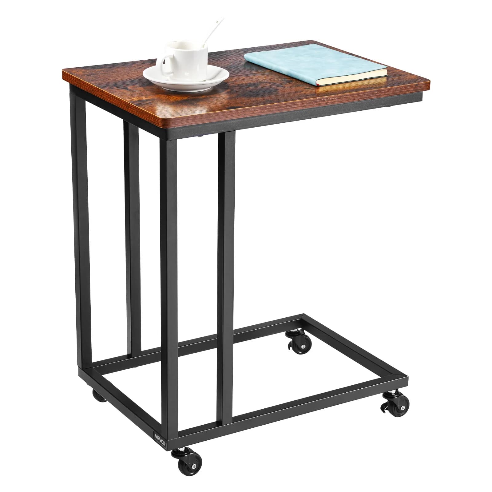 VEVOR C Table C Shaped Sofa Side Table with Metal Frame Rolling Casters Portable C Shaped End Stand for Living Room Office