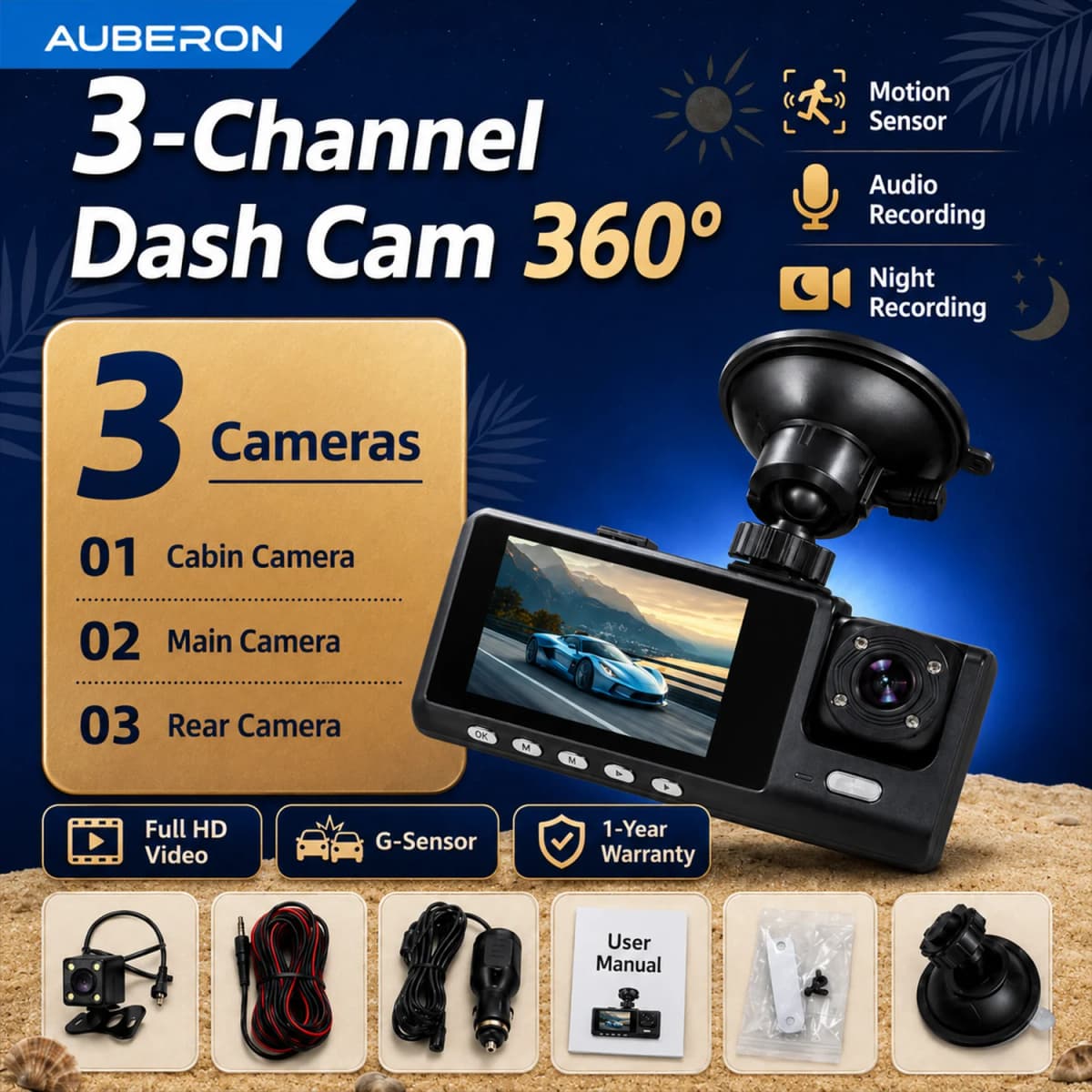 3 Channel Dash Cam 1080P Front Rear Inside Camera 170 Degree Wide Angle Night Vision Loop Recording G-Sensor Rear Camera Car DVR
