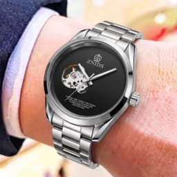 European and American Style Light Luxury Skeleton Mechanical Men's Watch, Minimalist Dial with Transparent Movement Design, Fully Automatic Steel Band Waterproof Wristwatch, Popular Gift for Daily Wear, Formal and Casu