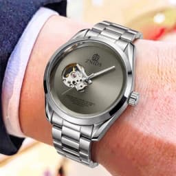 European and American Style Light Luxury Skeleton Mechanical Men's Watch, Minimalist Dial with Transparent Movement Design, Fully Automatic Steel Band Waterproof Wristwatch, Popular Gift for Daily Wear, Formal and Casu