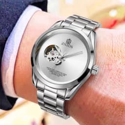 European and American Style Light Luxury Skeleton Mechanical Men's Watch, Minimalist Dial with Transparent Movement Design, Fully Automatic Steel Band Waterproof Wristwatch, Popular Gift for Daily Wear, Formal and Casu