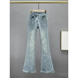 Korean Slim-fit Flared Denim Pants Female New Fashion Elastic High Waist European Goods Rhinestones Trousers Jeans Women Blue