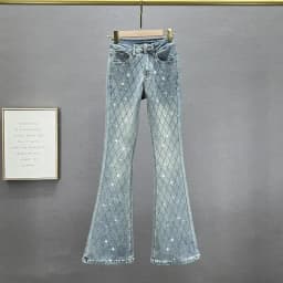 Korean Slim-fit Flared Denim Pants Female New Fashion Elastic High Waist European Goods Rhinestones Trousers Jeans Women Blue