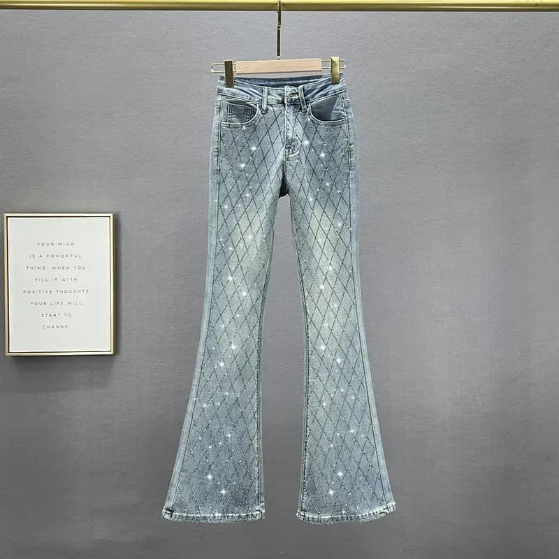 Korean Slim-fit Flared Denim Pants Female New Fashion Elastic High Waist European Goods Rhinestones Trousers Jeans Women Blue